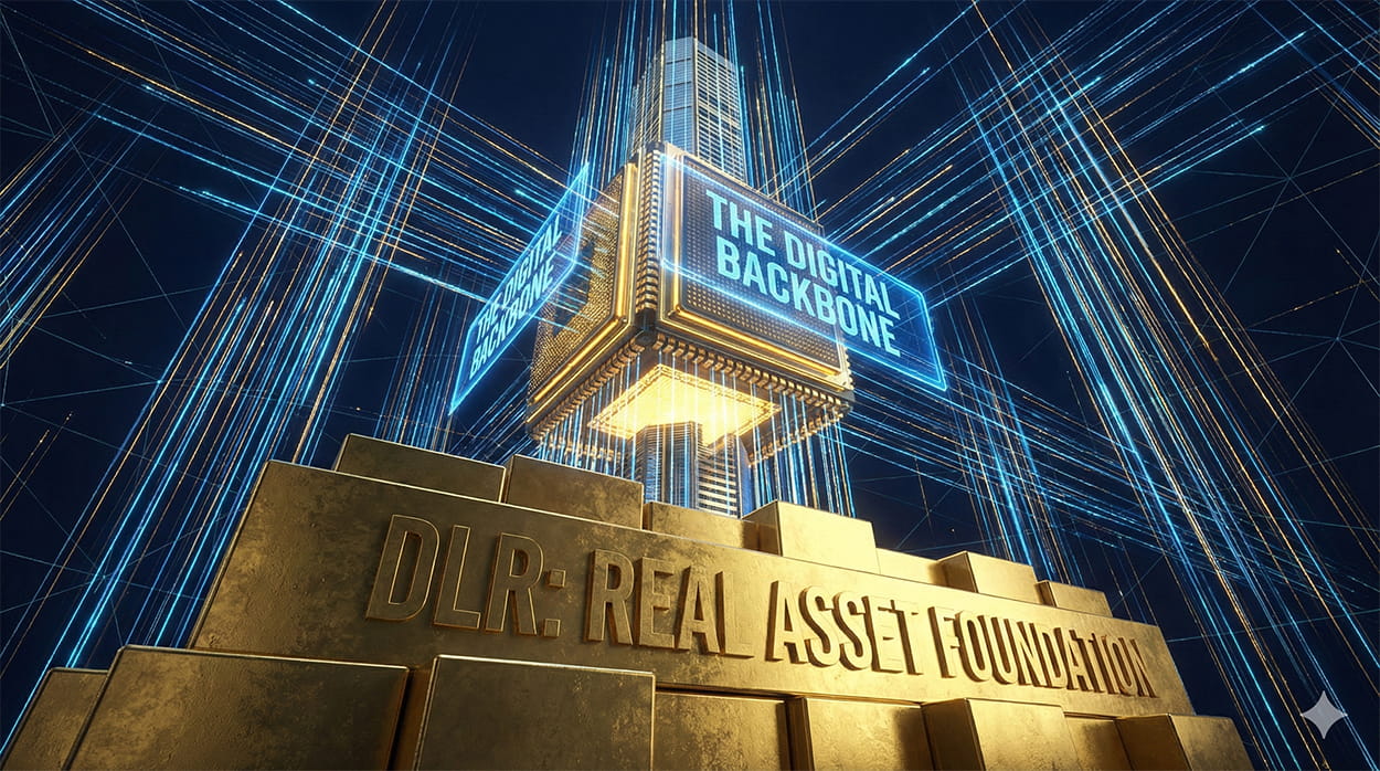 A 3D financial concept for DLR stock, depicting a massive data server tower rooted in a solid gold base engraved with 'DLR: Real Asset Foundation,' and a glowing sign reading 'The Digital Backbone.'