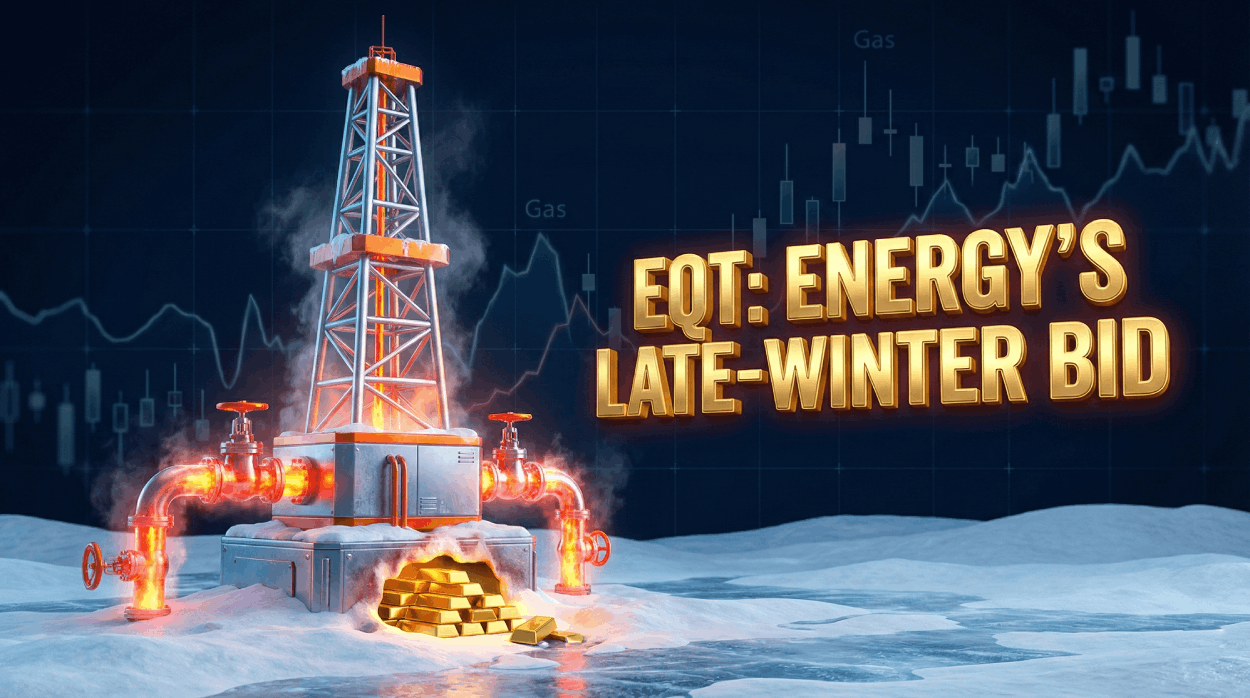 A high-tech natural gas drilling rig standing strong in a frozen winter landscape, glowing with warm golden light against deep blue ice, representing EQT's potential during peak winter demand.