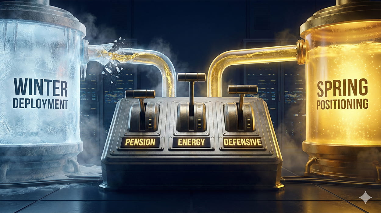 A conceptual financial illustration showing liquid gold capital flowing from a frozen tank labeled 'Winter Deployment' into a glowing tank labeled 'Spring Positioning,' regulated by large levers for Pension, Energy, and Defensive sectors.