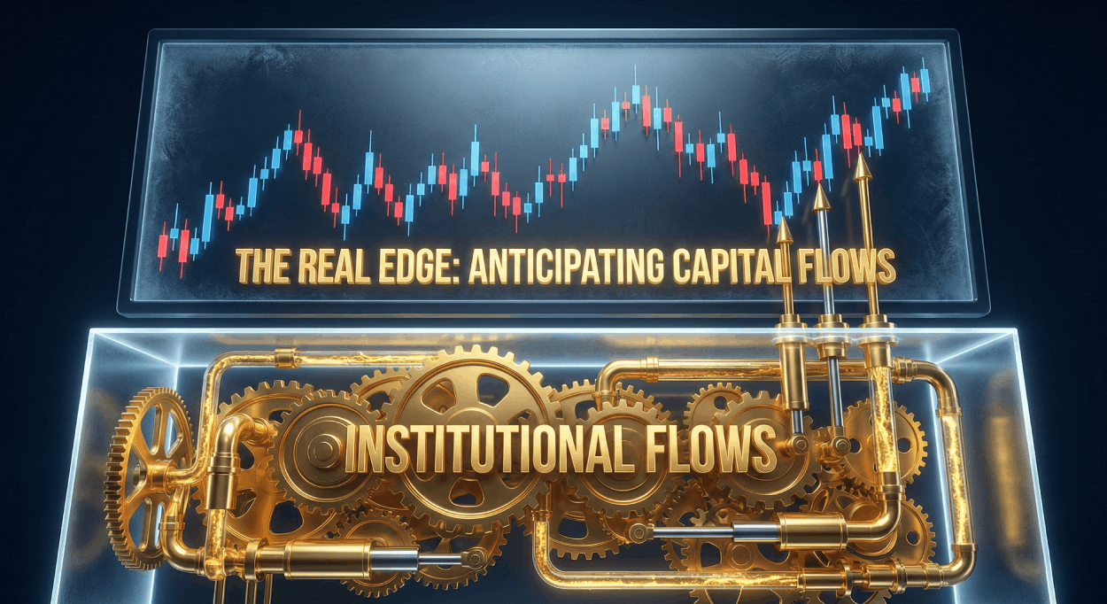 Split-layer financial concept art. Top layer shows a standard Japanese candlestick chart on a screen. Bottom layer reveals complex glowing golden gears and pistons labeled "Institutional Flows" physically pushing the stock prices up. Text: "The Real Edge.