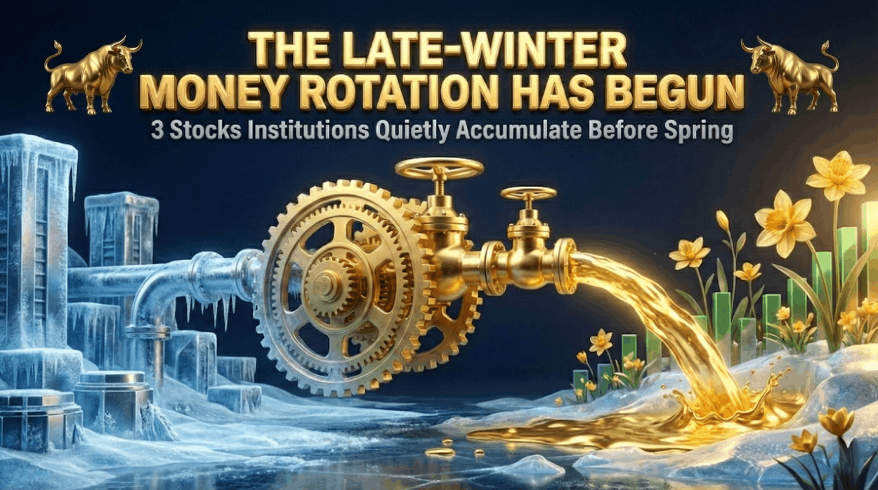 Cinematic 3D illustration showing a massive golden gear mechanism pumping liquid gold from a frozen winter landscape to a blooming spring garden, flanked by two golden bulls. Text reads: "The Late-Winter Money Rotation Has Begun.