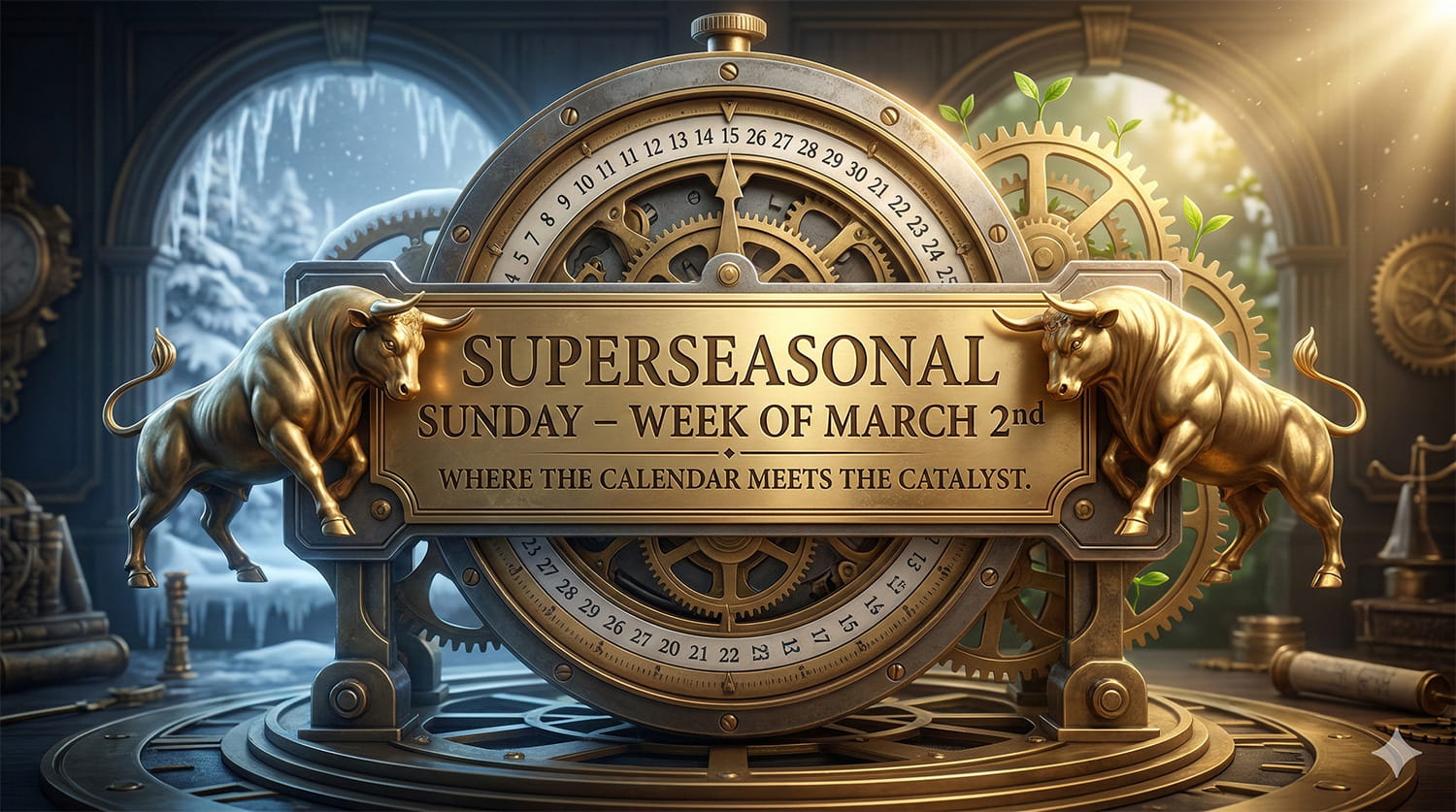 A photorealistic 3D cinematic featured blog header depicting a massive, intricate historical calendar and clockwork mechanism. The left side is a snowy late winter landscape with melting ice, transitioning on the right to golden blooming gears and sprouting green shoots under spring sunlight. The central, polished brass title plate, flanked by two large golden bulls facing inward, is deeply engraved with 'SUPERSEASONAL SUNDAY – WEEK OF MARCH 2nd' and the tagline: 'WHERE THE CALENDAR MEETS THE CATALYST.' The entire mechanism glows with warm light, set in a sophisticated chamber filled with financial artifacts.