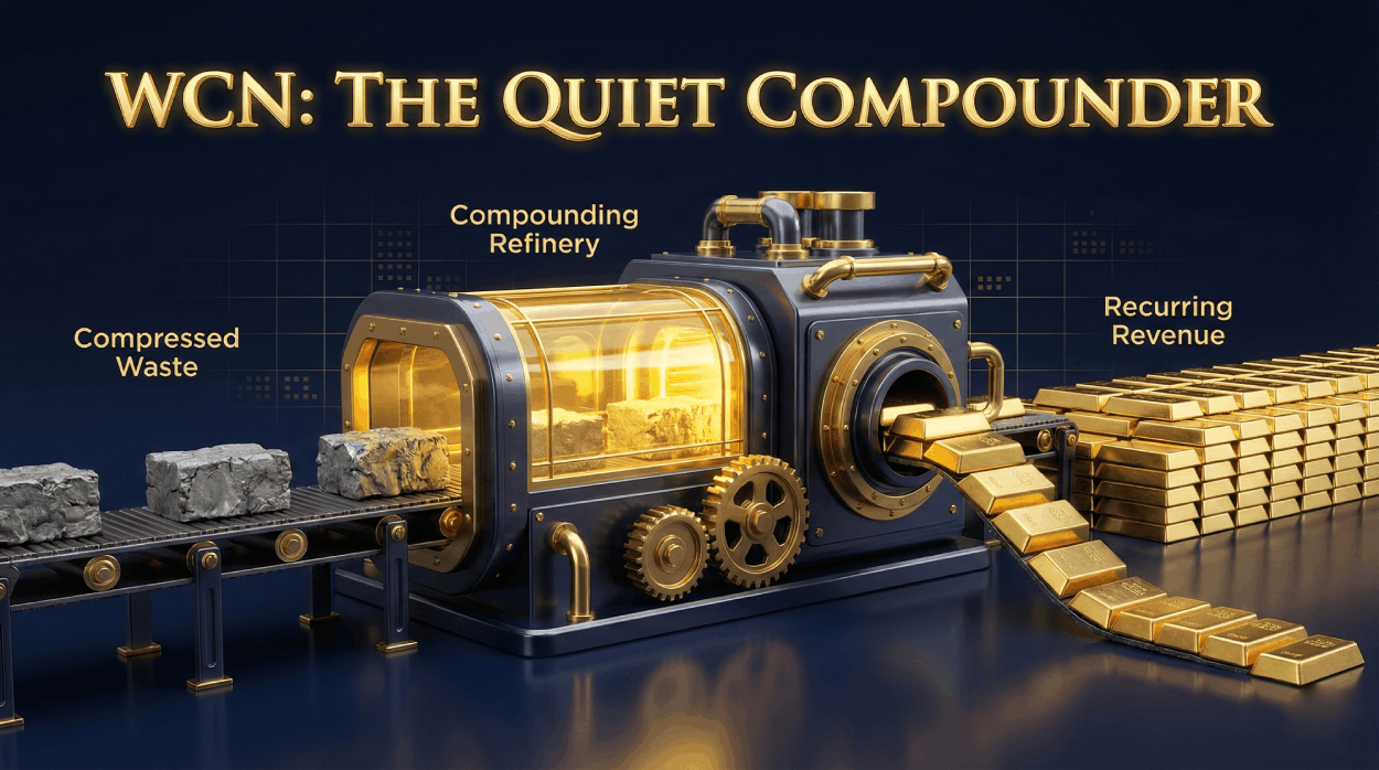 A stylized 3D gold processing machine transforming raw waste blocks into polished gold bars, symbolizing Waste Connections (WCN) as a reliable compounding asset.