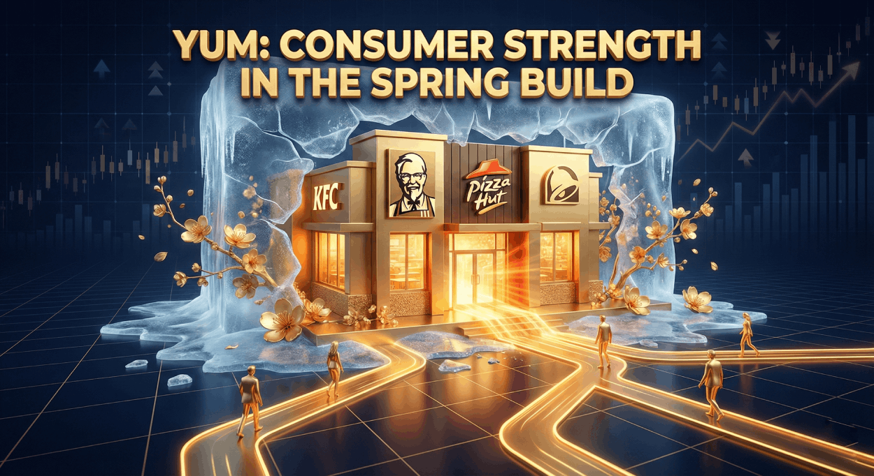 A golden 3D franchise restaurant architecture emerging from melting ice, surrounded by blooming spring flowers and customers, symbolizing YUM Brands' strength in the spring season.