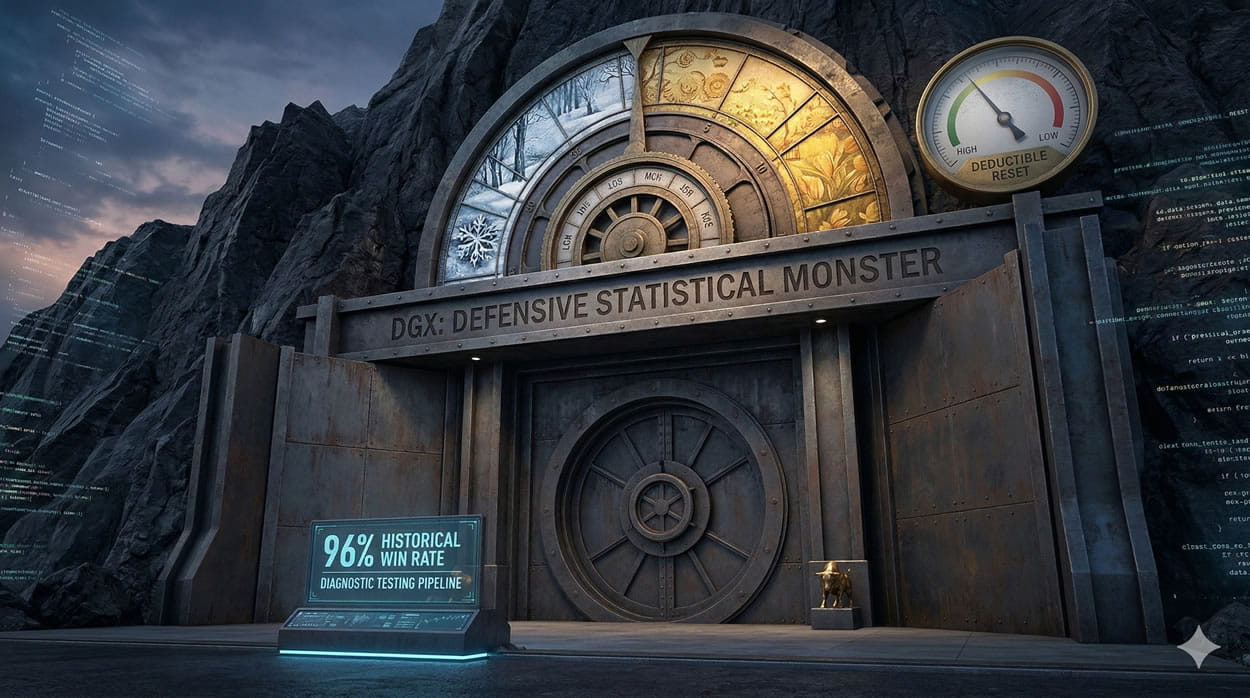 A cinematic, high-definition 3D photorealistic conceptual art visualization for a blog body section on Quest Diagnostics (DGX). A colossal, fortified diagnostics laboratory and medical vault complex is embedded deeply into a craggy dark mountain face. The entrance features massive weathered steel walls and a large, reinforced circular entrance gate. Above the gate, the text "DGX: DEFENSIVE STATISTICAL MONSTER" is clearly and prominently engraved into the heavy metal lintel. Above that, a massive, ancient mechanical calendar mechanism transitions from late winter patterns on the left to warm, golden spring patterns on the right. A large pressure gauge labeled 'DEDUCTIBLE RESET' in embedded brass text shows the needle rotating from 'HIGH' (left) to 'LOW' (right). In the foreground, near the entrance, a glowing tactical monitor display plinth clearly reads: "96% HISTORICAL WIN RATE" and below it "DIAGNOSTIC TESTING PIPELINE" in clean, blue text. Complex data streams are integrated into the 3D dramatic environment with high-contrast twilight. No floating overlays.