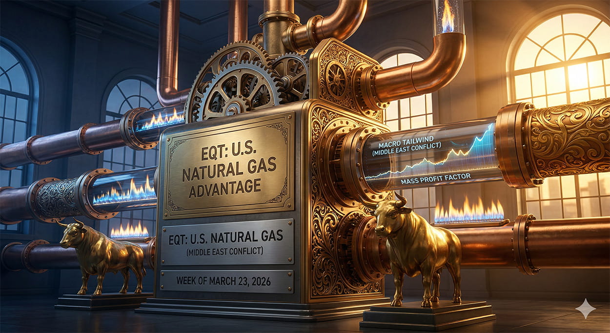 A cinematic, high-definition 3D photorealistic visualization of a monumental EQT energy complex inside a high-tech financial vault chamber. A colossal brass and steel natural gas conduit mechanism composed of heavy polished copper pipes and gears is central, standing between two majestic sculpted golden bulls. On a prominent etched brass panel: 'EQT: U.S. NATURAL GAS ADVANTAGE' and a steel plate reads 'WEEK OF MARCH 23, 2026'. Data visualizations glowing within the pipes show a surge labeled 'MACRO TAILWIND (MIDDLE EAST CONFLICT)' and 'MASS PROFIT FACTOR'. Natural gas flames burn in blue/gold, bathed in high-contrast twilight mixed with internal glow.