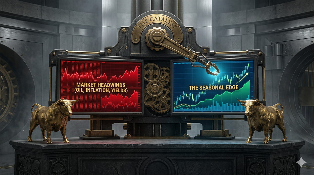 A high-definition 3D photorealistic cinematic visualization of an institutional trading console. The left screen shows chaotic red 'MARKET HEADWINDS' data streams, while the right monitor displays logical blue-and-gold upward-trending 'THE SEASONAL EDGE'. A massive brass lever labeled 'THE CATALYST' directs a mechanical arm over the data. Golden bulls watch from pedestals.