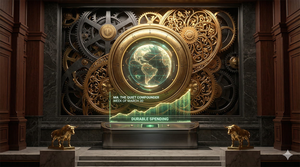 A cinematic, 3D photorealistic conceptual art visualization inside a grand corporate transaction vault. A wall-integrated mechanical clockwork engine transitions to warm golden spring patterns. The central large brass dial features a glowing holographic globe symbolizing travel. A glowing green-and-gold data stream below reads 'MA: THE QUIET COMPOUNDER', with crisp text reading 'DURABLE SPENDING'. Two small golden bull statues stand guard.