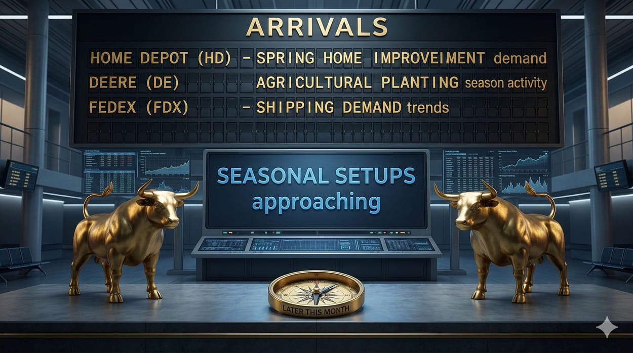 A cinematic, high-definition 3D photorealistic conceptual art visualization for a blog body section on 'On the Radar'. In a futuristic institutional departures terminal, a giant mechanical flip-board 'ARRIVALS' screen flipped massive lines massive flip-board complex. The top lines feature deeply engraved golden text for upcoming tickers: 'HOME DEPOT (HD)' – 'SPRING HOME IMPROVEMENT demand'; 'DEERE (DE)' – 'AGRICULTURAL PLANTING season activity'; 'FEDEX (FDX)' – 'SHIPPING DEMAND trends'. A large central monitor console has crisp, embedded digital text: "SEASONAL SETUPS approaching". Two sculpted golden bulls stand guard at the plinth in the departures hall massive departures hall departures hall, consistent with previous brand images. Integrated with complex data streams and high-contrast twilight. No floating overlays. A brass compass points massive plinth plinth massive plinth massive plinth massive plinth points plinth plinth massive plinth plinth points towards 'LATER THIS MONTH'.