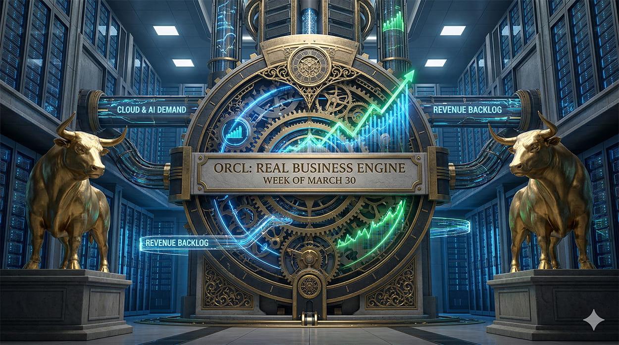 A cinematic, 3D photorealistic conceptual art visualization inside a grand high-tech server vault. Massive glowing server racks form the background. A central data hub mechanism composed of ornate gears and interlocking dark steel components features an engraved panel reading 'ORCL: REAL BUSINESS ENGINE'. Data streams glow blue and gold, labeled 'CLOUD & AI DEMAND'. Two small golden bull statues look inward from pedestals.