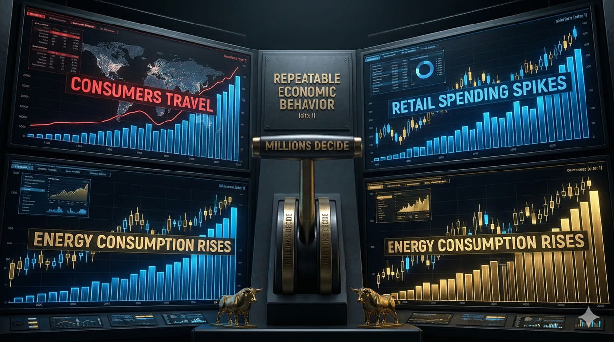 A cinematic, high-definition 3D photorealistic conceptual art visualization for a blog section on 'Seasonal Insight of the Week'. A grand institutional control complex is split into three main integrated screens. The top left screen shows complex 3D visualizations of traveling human behavior, labeled with embedded red text 'CONSUMERS TRAVEL'. The top right screen shows visualizations of retail spending, labeled with embedded blue text 'RETAIL SPENDING SPIKES'. The bottom screen shows massive 3D visualizations of energy consumption patterns, labeled with embedded golden text 'ENERGY CONSUMPTION RISES'. All feature upward-trending visualizations glowing blue and gold. Central massive massively mechanical massively massive massive massively mechanical lever labeled 'MILLIONS DECIDE'. Two small golden bull statues stand at the console base, consistent with previous brand images. Central massive panel is engraved 'REPEATABLE ECONOMIC BEHAVIOR'. High-contrast lighting. No floating overlays.