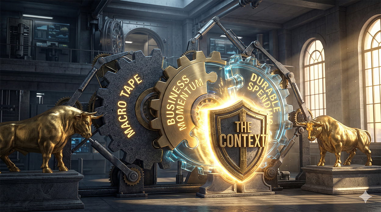 A high-definition 3D photorealistic visualization inside a grand institutional vault. Three massive, interlocking puzzle gears made of granite, brass, and glass are labeled 'MACRO TAPE', 'BUSINESS MOMENTUM', and 'DURABLE SPENDING'. They connect to generate a golden light, forming a heavy shield labeled 'THE CONTEXT'. Two sculpted golden bulls flank the shield.