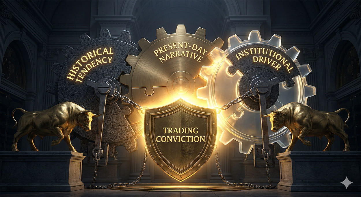 A high-definition 3D photorealistic visualization inside a grand, shadowy institutional vault. The central feature is three massive, interlocking puzzle gears made of granite, brass, and glass, labeled 'HISTORICAL TENDENCY', 'PRESENT-DAY NARRATIVE', and 'INSTITUTIONAL DRIVER'. As they connect with rugged steel levers, they generate a blinding golden light from the center, forming a completed heavy shield labeled 'TRADING CONVICTION'. Two monumental sculpted golden bulls flank the shield on heavy stone plinths under high-contrast twilight lighting.