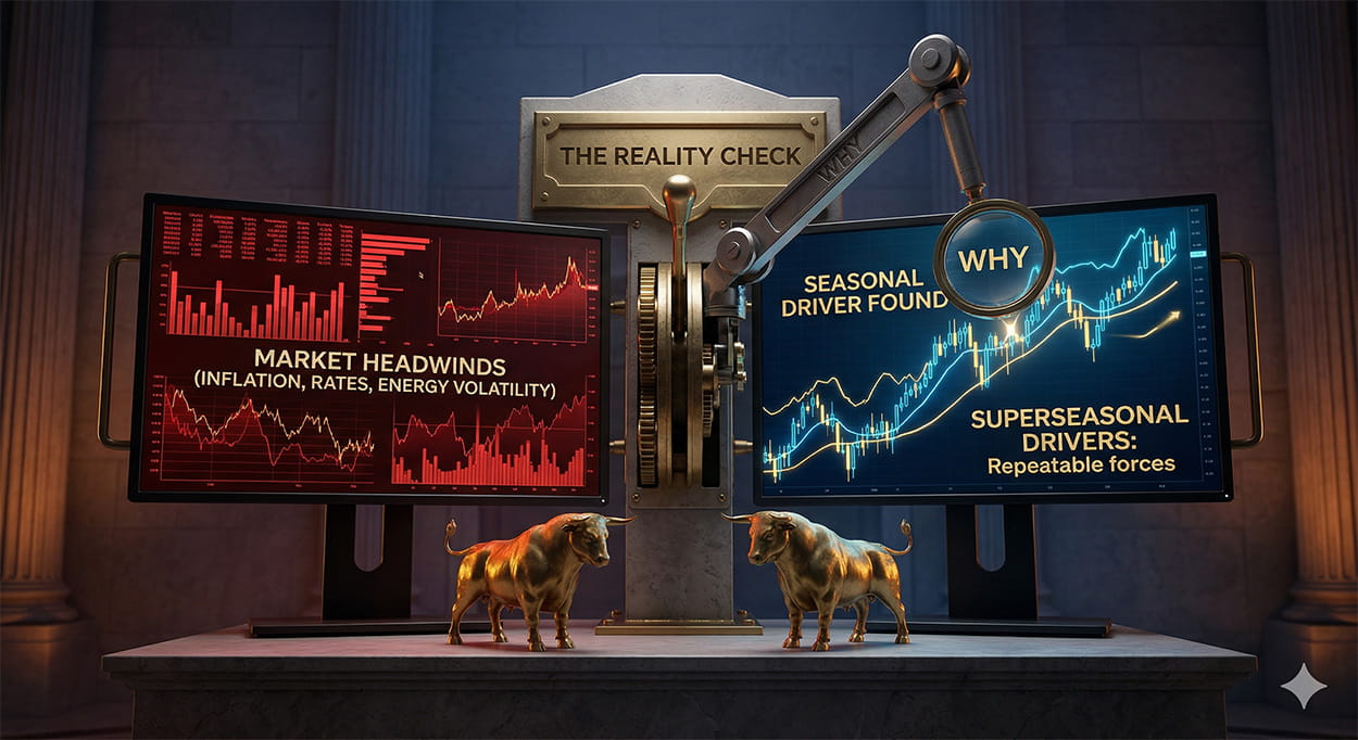 A high-definition 3D photorealistic cinematic visualization of an institutional trading console. The left screen shows chaotic red 'MARKET HEADWINDS (INFLATION, RATES, ENERGY VOLATILITY)' data streams, while the right monitor displays logical blue-and-gold upward-trending 'SUPERSEASONAL DRIVERS: Repeatable forces'. A massive brass lever labeled 'THE REALITY CHECK' directs a mechanical arm holding a conceptual 'WHY' magnifying glass over a seasonal chart. Golden bulls watch from pedestals. High-contrast dramatic twilight lighting mixed with internal glow.