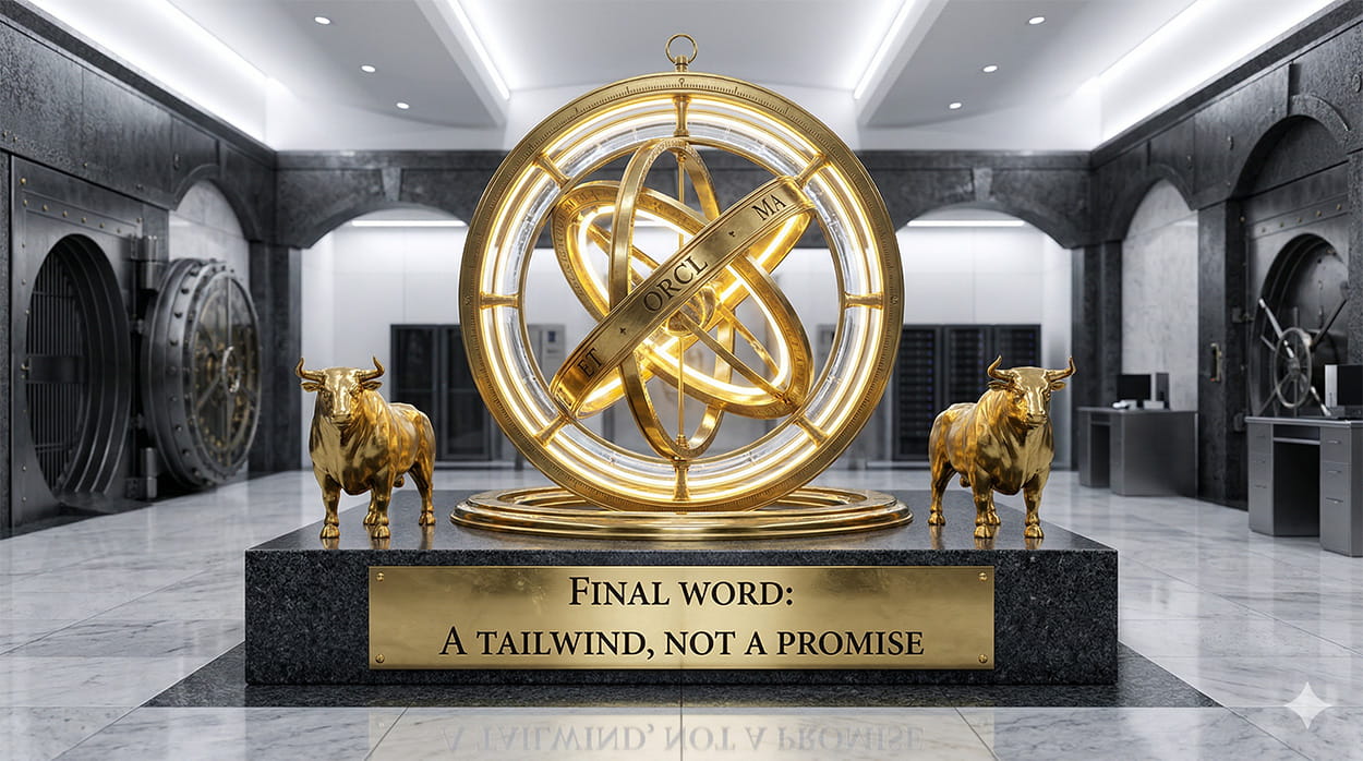 A cinematic, 3D photorealistic visualization inside a grand institutional vault. A massive ornate brass and glass nautical compass mechanism aligns perfectly, glowing with a bright golden light. The central rings are engraved with 'ET', 'ORCL', and 'MA'. A prominent brass plate reads 'FINAL WORD: A TAILWIND, NOT A PROMISE'. Two majestic golden bulls stand guard on pristine white marble under high-key corporate lighting.