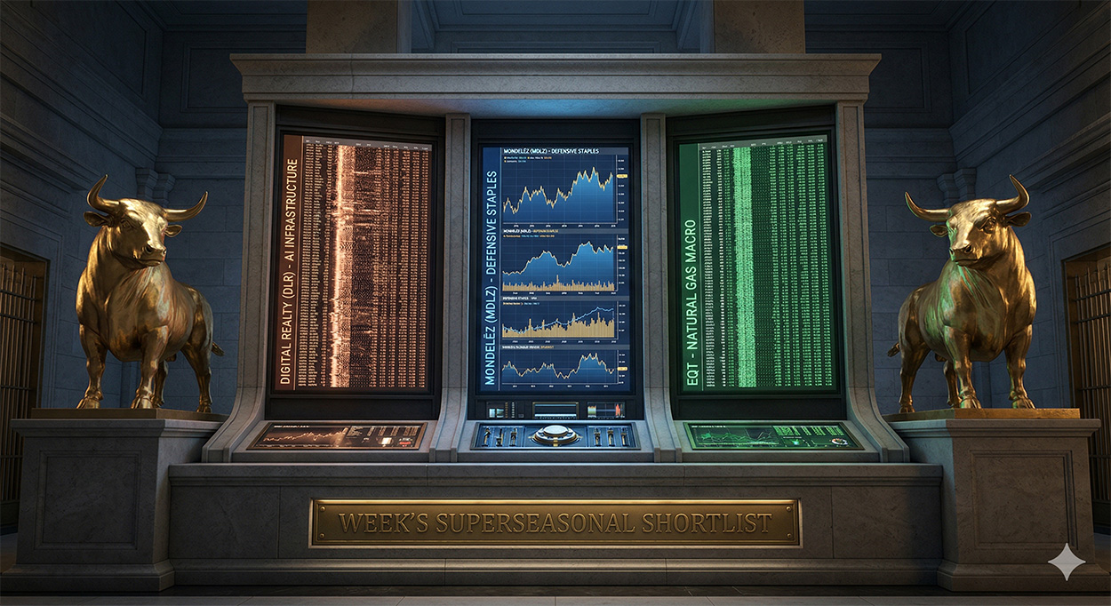 A high-definition 3D photorealistic visualization inside a grand, massive institutional trading vault console holding three vertical monitors. The left monitor shows copper-colored data with text 'DIGITAL REALTY (DLR) - AI INFRASTRUCTURE'. The center monitor shows blue-and-gold charts with text 'MONDELĒZ (MDLZ) - DEFENSIVE STAPLES'. The right monitor shows steady green patterns with text 'EQT - NATURAL GAS MACRO'. integrated labels and numbers, emphasizing clean visual separation. Golden bulls watch from pedestals. A deeply engraved brass plate reads 'WEEK'S SUPERSEASONAL SHORTLIST'. Bathed in architectural high-contrast twilight mixed with internal glow.
