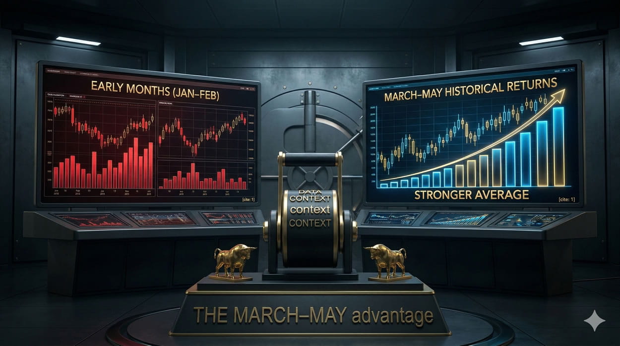 A cinematic, high-definition 3D photorealistic conceptual art visualization for a blog body section on 'The Data Corner'. Within a sophisticated, futuristic institutional trading vault, a heavy split-visualization control console has two main integrated monitors. The left monitor shows complex visualizations of red bar charts and candlestick patterns labeled with embedded golden text 'EARLY MONTHS (JAN-FEB)'. The right monitor shows clear, glowing blue-and-gold upward-trending bar chart visualizations glowing blue and gold with complex candlestick patterns embedded with clear, golden text 'MARCH–MAY HISTORICAL RETURNS' and 'STRONGER AVERAGE'. In the central console massive console, a massive mechanical lever labeled 'DATA CONTEXT context CONTEXT' massive massive massive massive massively mechanical lever labeled CONTEXT. Two small golden bull statues stand at massive massive massive console base plinth massive console base. Atmosphere is dark dramatic with complex interfaces integrated 3D. No floating overlays. The text 'THE MARCH–MAY advantage' is engraved context. Widescreen 16:9 aspect ratio.