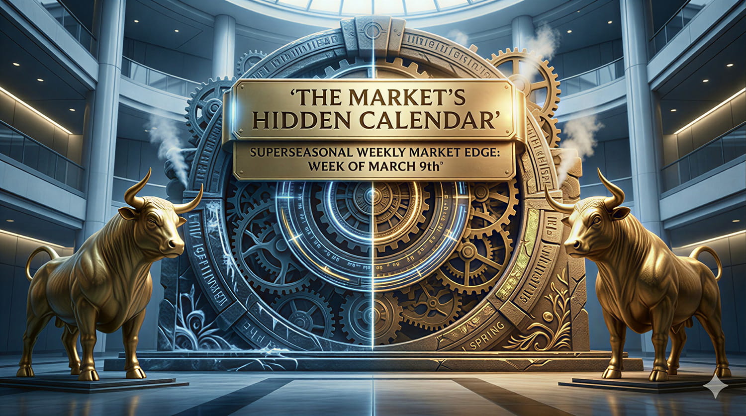 A cinematic, 3D photorealistic conceptual art featured header for a blog post. A grand, integrated institutional mechanism within a futuristic atrium holds a monumental, ancient-looking but technologically integrated 'HIDDEN CALENDAR' stone mechanism, deeply engraved. Standing guard on both the left and right sides are two majestic, sculpted golden bulls, consistent with the brand pattern. Directly above the central calendar, a prominent, illuminated brass banner is deeply and sharply engraved with 'THE MARKET’S HIDDEN CALENDAR,' and below it, also engraved, the tagline 'SUPERSEASONAL WEEKLY MARKET EDGE: WEEK OF MARCH 9th'. The entire mechanism transitions from dark, icy blue patterns on the left to warm, golden spring patterns on the right. Steam vents from the ancient gears. Dramatic high-contrast lighting. No floating overlays.