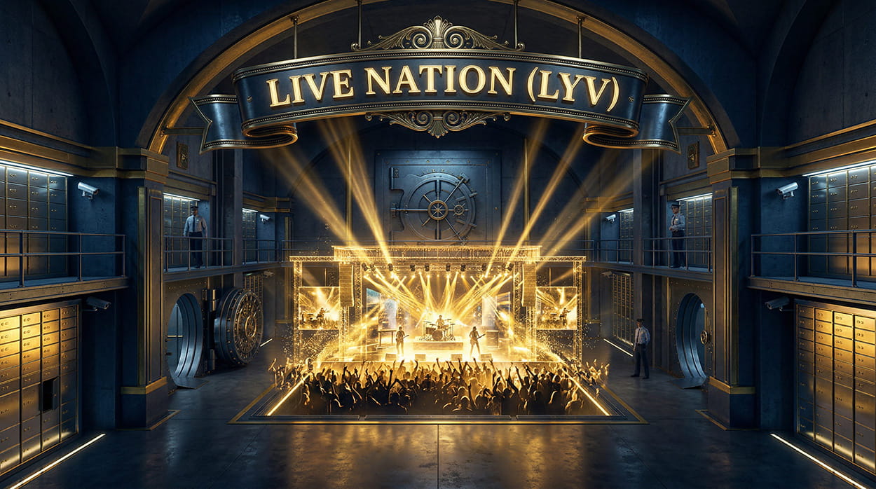 A glowing 3D holographic concert stage made of golden light and glass inside a financial vault, representing the Live Nation entertainment boom.