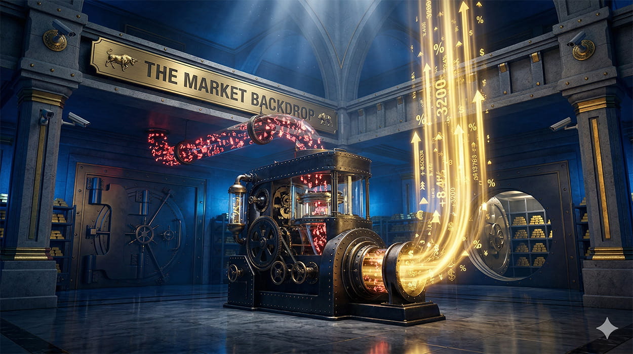 A dark steel mechanical sorting machine in a financial vault filtering chaotic data into clean golden beams, under a banner reading 'THE MARKET BACKDROP'