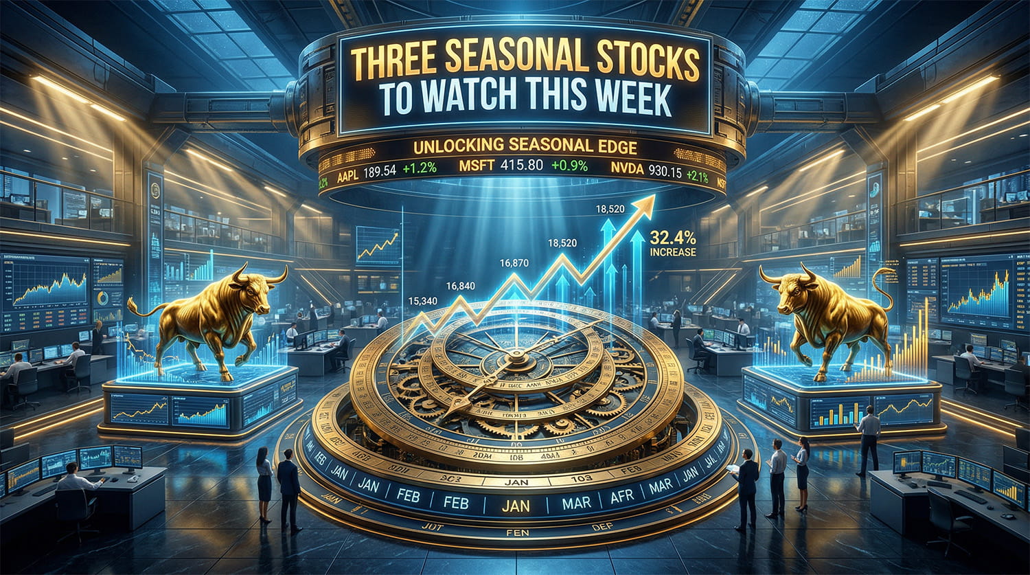 A futuristic golden market calendar mechanism projecting rising trendlines, flanked by golden bulls in a high-tech financial command center.