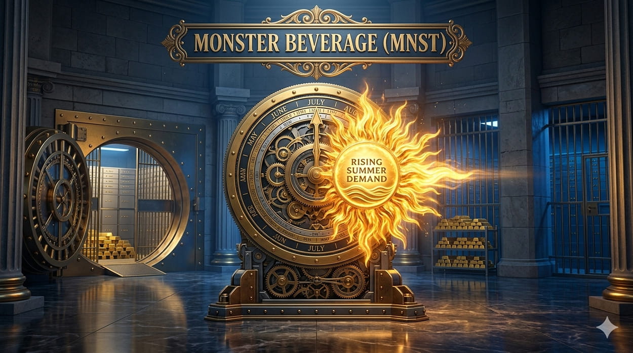 A mechanical calendar dial transitioning into a radiant golden summer sun in a corporate vault, representing rising seasonal demand for Monster Beverage.