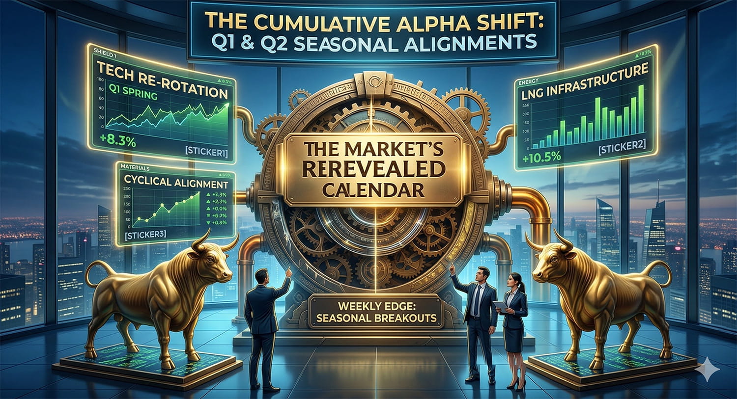 A futuristic financial command center featuring a massive bronze market calendar mechanism, golden bulls, and holographic data shields displaying Q1 tech and Q2 energy seasonal stock alignments.