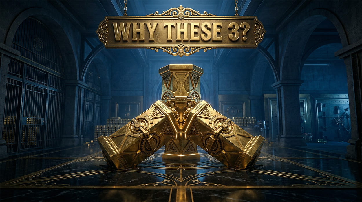 Three heavy golden geometric pillars locking together into a single unbreakable core foundation, representing the alignment of data, story, and market timing.