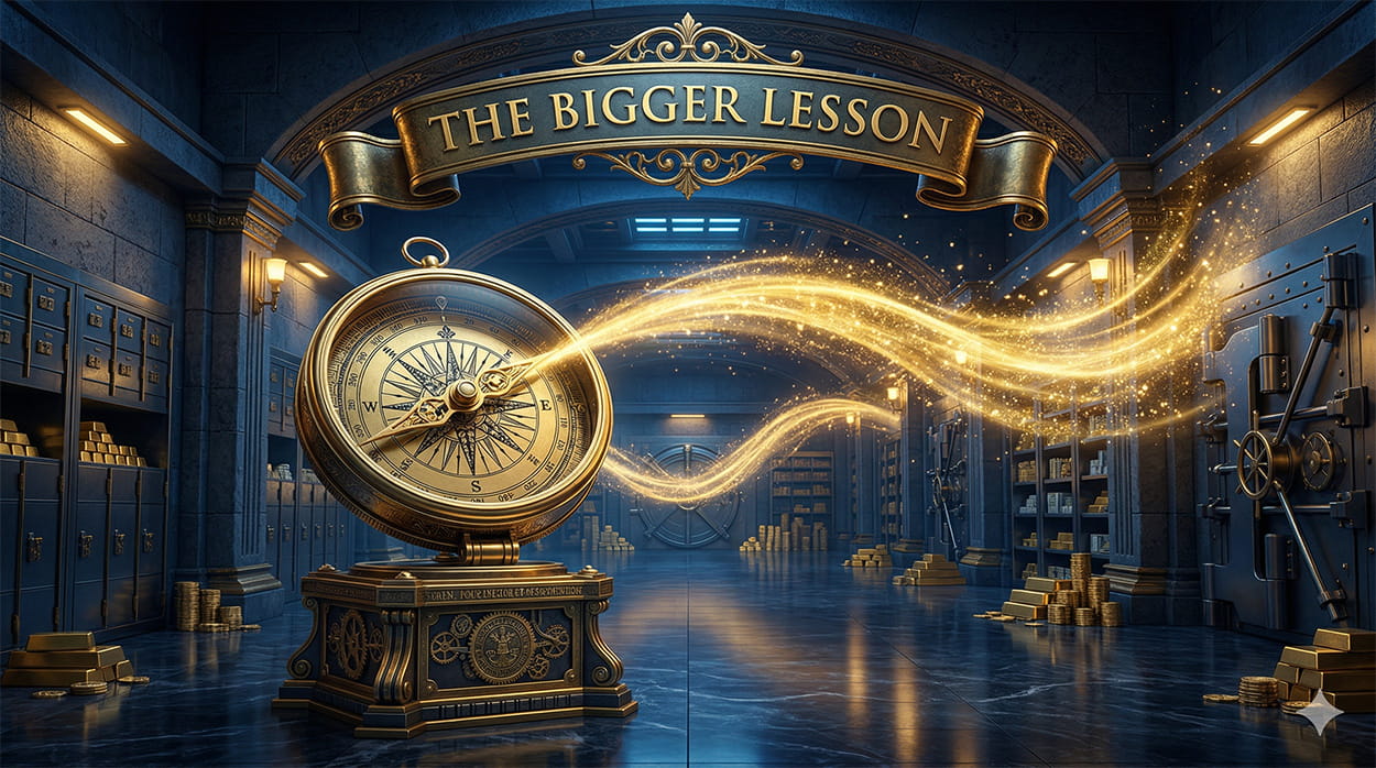 A majestic brass nautical compass pointing into a powerful stream of blowing golden light, symbolizing historical seasonal tailwinds in trading.