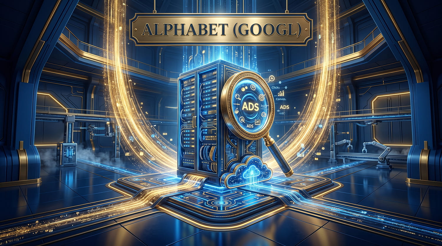 A massive glowing golden magnifying glass and futuristic cloud network nodes inside a blue financial vault.