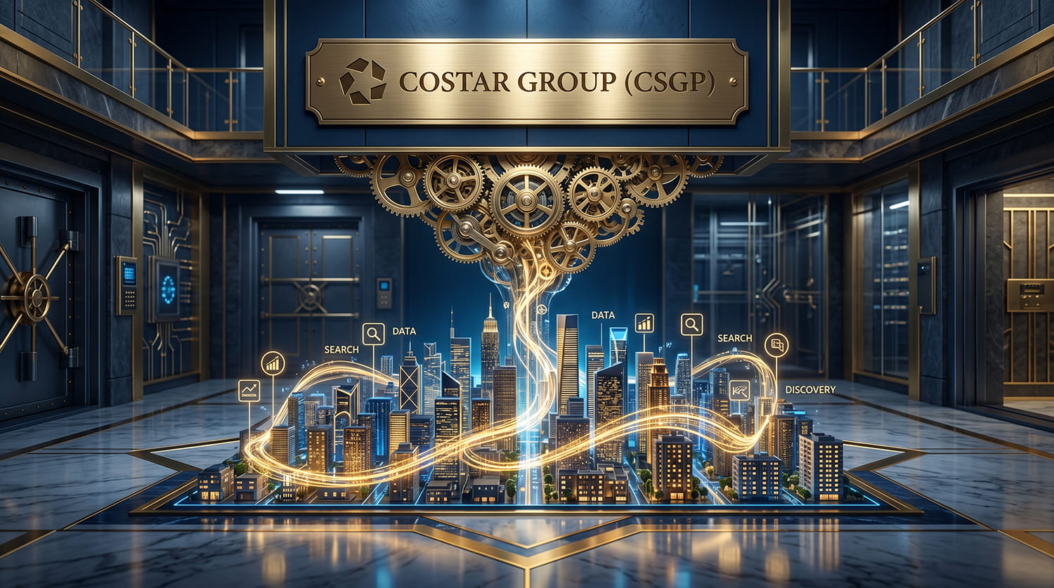 Glowing golden skyscrapers and real estate data emerging from a futuristic mechanical platform inside a financial vault.