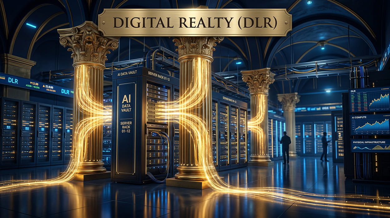 Heavy golden real-estate foundational pillars merging with futuristic AI data center server racks inside a blue vault.
