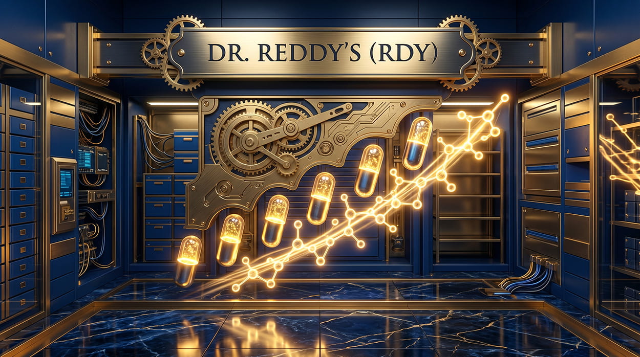 A golden mechanical mechanism transitioning into glowing pharmaceutical capsules and molecular structures inside a financial vault.