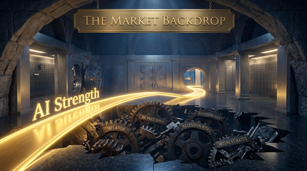 A smooth, glowing golden pathway bridging over heavy, fragmented dark mechanical gears inside a blue financial vault.