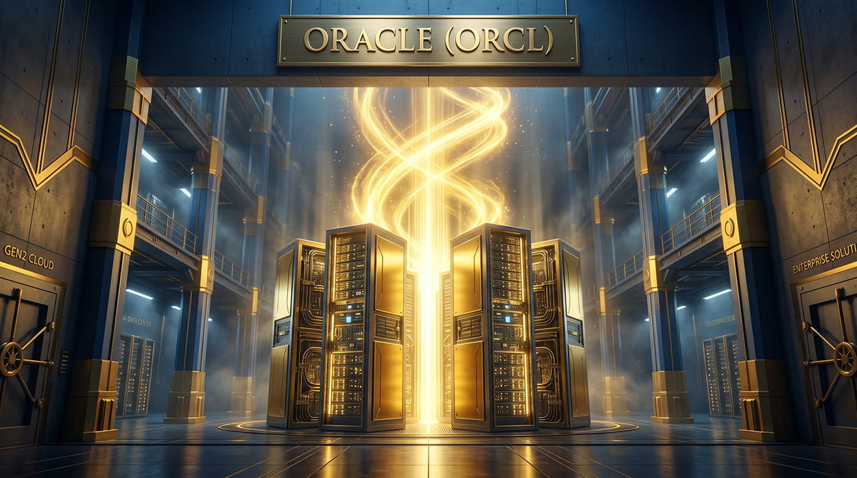 Colossal glowing golden cloud database servers emitting upward-trending light inside a high-tech corporate financial vault.