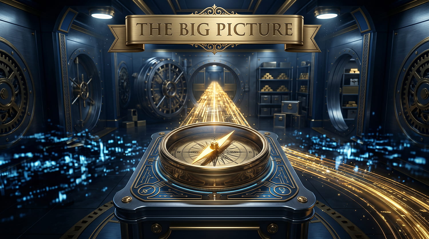 A glowing golden mechanical compass pointing decisively forward along a clear, illuminated data pathway inside a dark financial vault.
