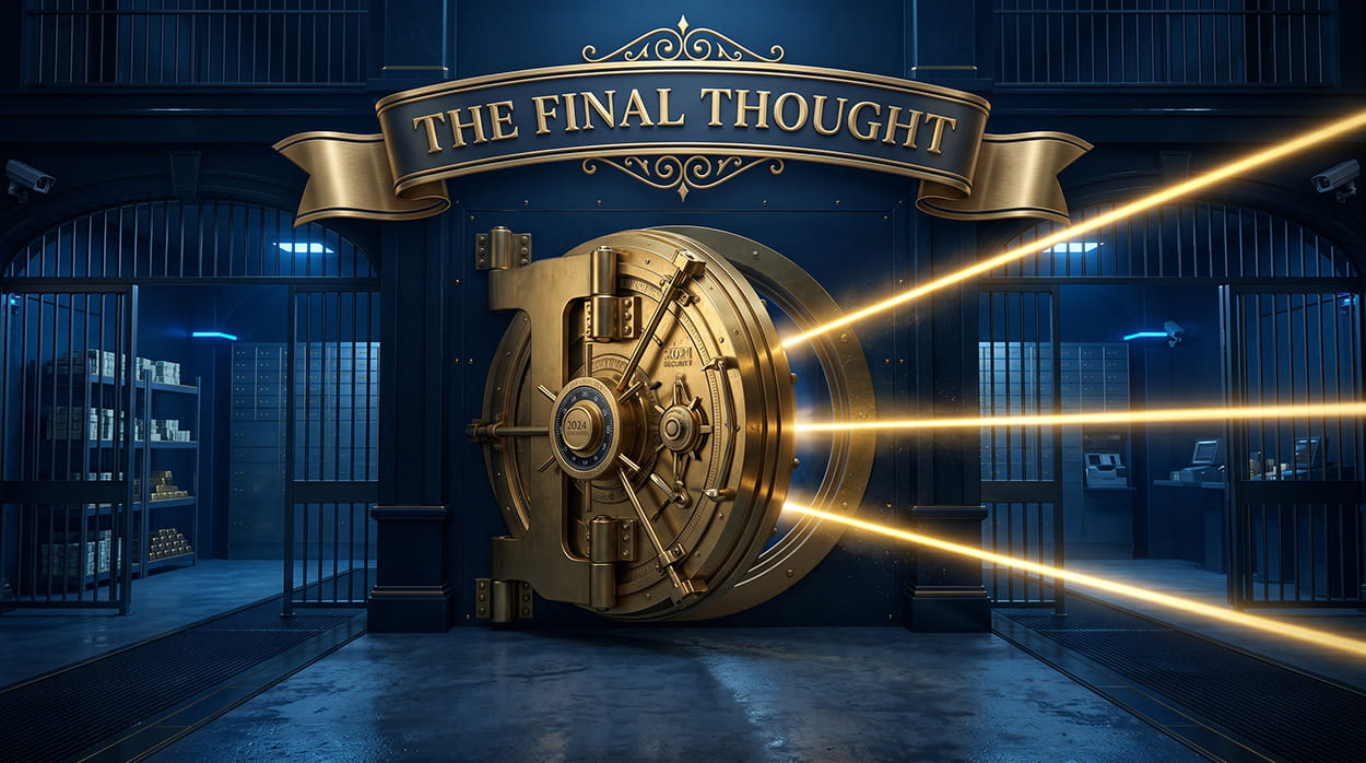 A massive golden vault door partially open, emitting three highly focused, laser-like golden beams into a blue room.