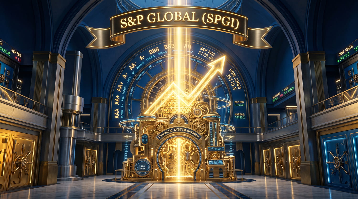 A heavy golden tollbooth and mechanical scale representing financial ratings and benchmarks inside a corporate vault.