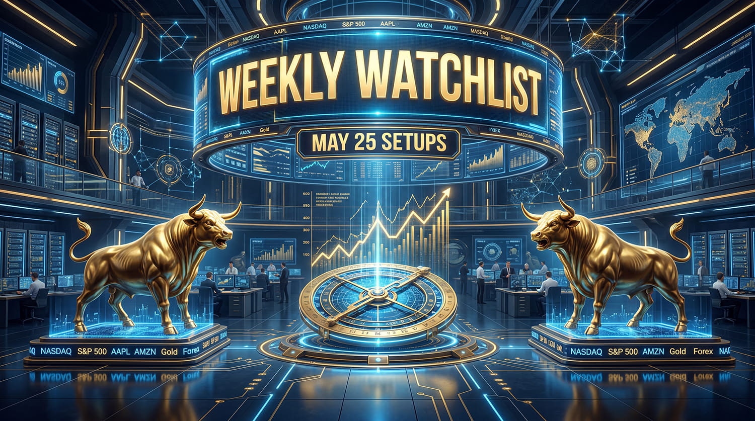 A cinematic financial vault featuring a massive glowing digital billboard reading 'WEEKLY WATCHLIST' and 'MAY 25 SETUPS', flanked by golden bulls.