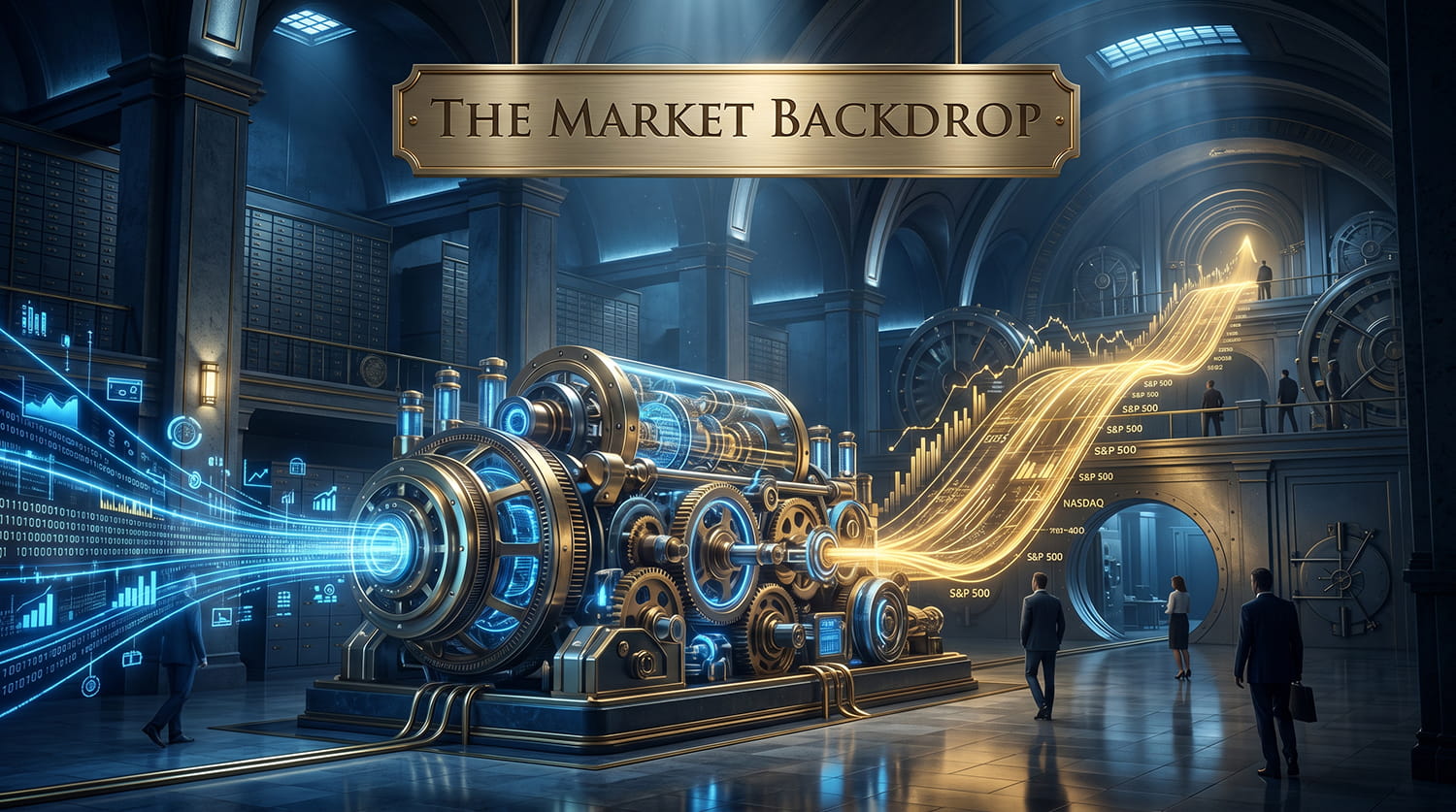 A complex golden mechanical engine processing bright data streams of information and analytics inside a blue financial vault.