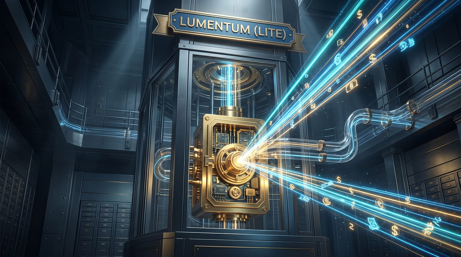 A high-tech golden mechanism firing brilliant photonic lasers and optical data streams inside a deep blue corporate vault.