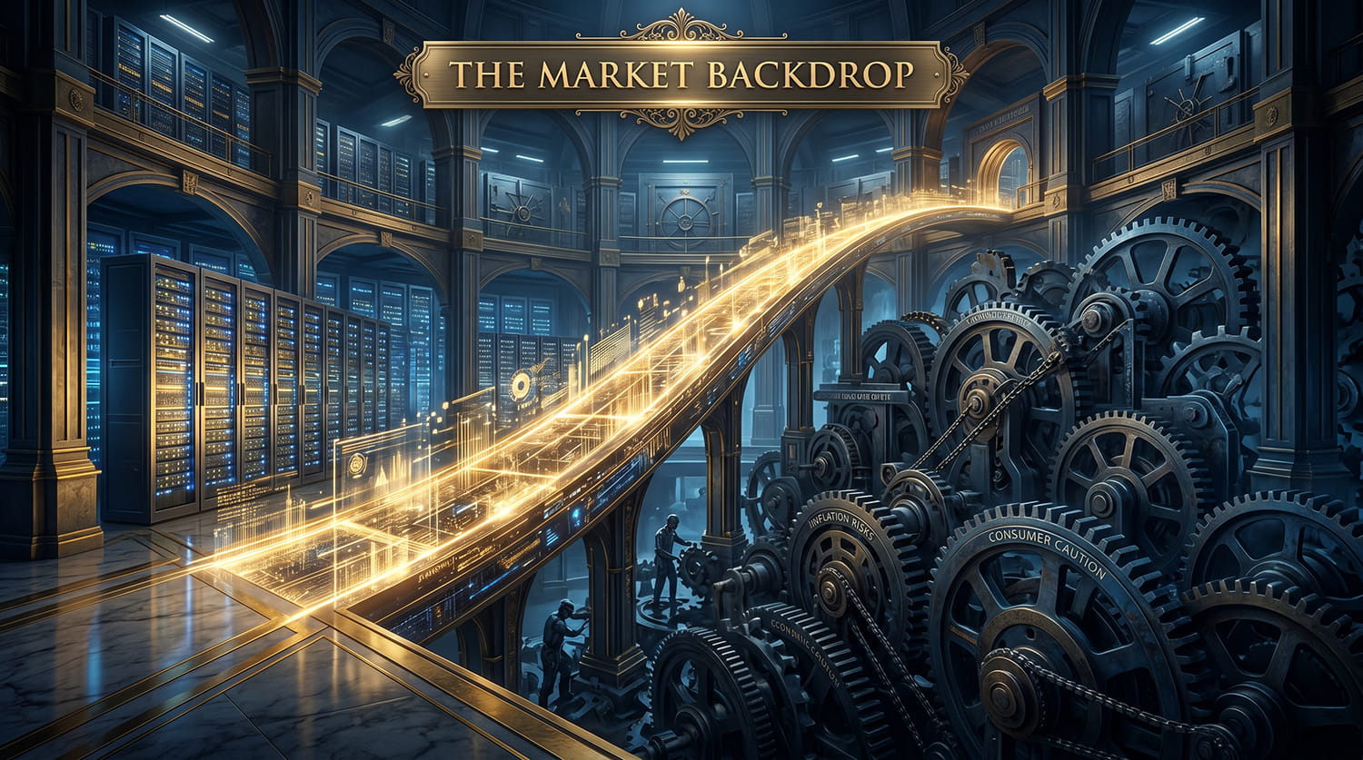 A glowing golden pathway of AI technology cutting through a heavy mechanical gear system representing market caution.