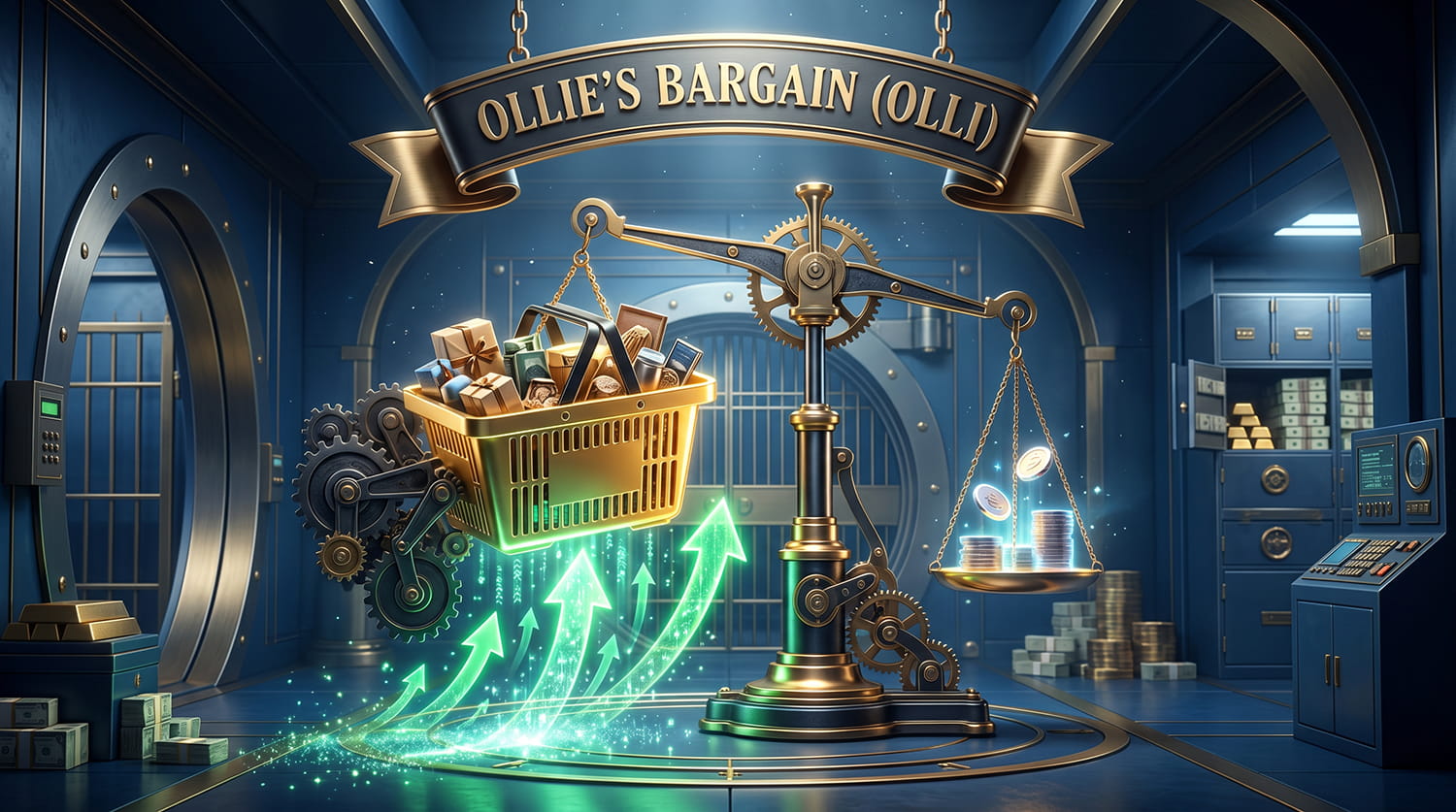 A glowing golden shopping basket resting on a heavy mechanical scale that is tipping powerfully upward inside a vault.