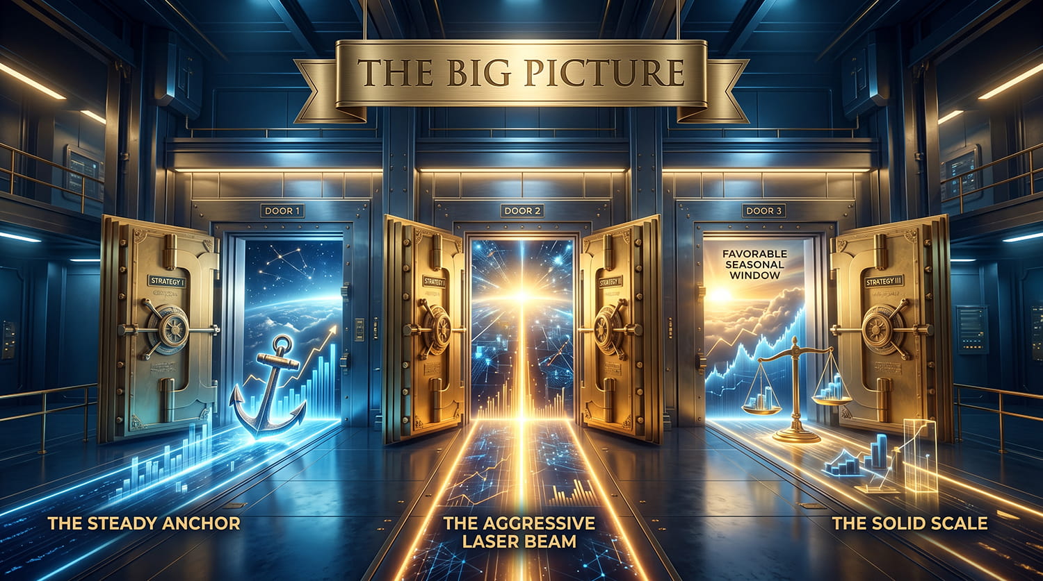 Three distinct glowing golden vault doors opening to reveal bright upward data pathways in a dark corporate room.